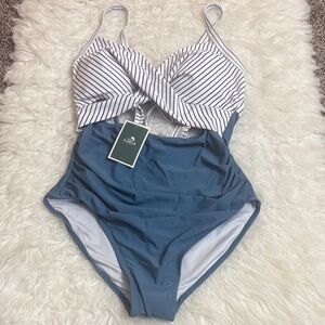 NWT Eomenie Blue Striped One Piece Wrap Front Swimsuit Size L